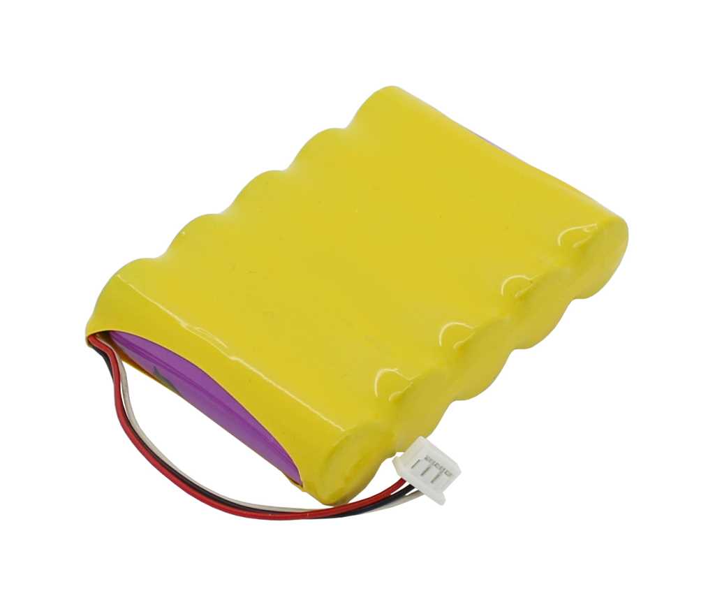 Gelber Akkupack mit rotem und schwarzem Kabel sowie weißem Stecker, schräge Seitenansicht
