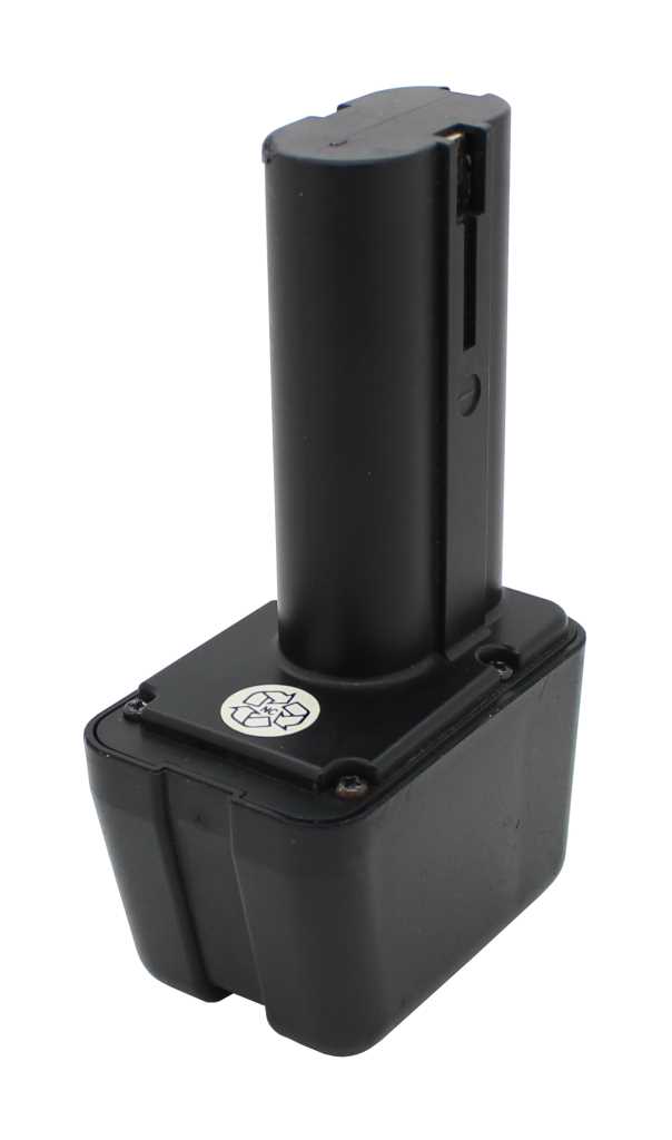 Schwarzer Werkzeugakku mit rechteckigem Sockel und hohem Griffteil, seitlicher Kontaktöffnung und Recycling-Symbol auf der