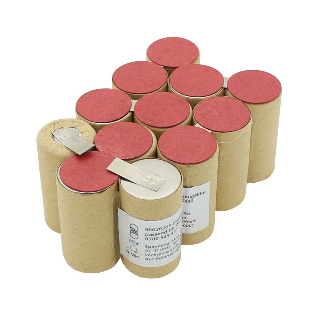 Akkupack aus zehn zylindrischen Zellen mit roter Abdeckung, zwei Metallfahnen und Papierummantelung