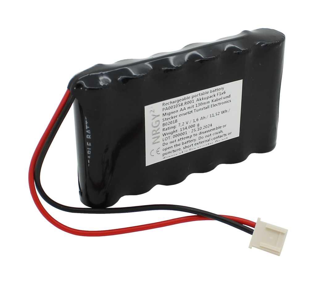 Bild von Akkupack NiMH 7,2V 1600mAh F1x6 Mignon AA mit 130mm Kabel und Stecker ersetzt Tunstall Electronics B0201B